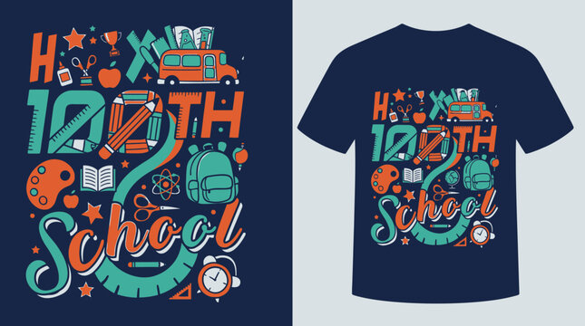 Design gr&aacute;fico colorido para camiseta comemorativa de 100 dias de aula, apresentando &iacute;cones escolares como &ocirc;nibus, mochila, livros, l&aacute;pis e materiais de arte em estilo ilustrativo moderno.