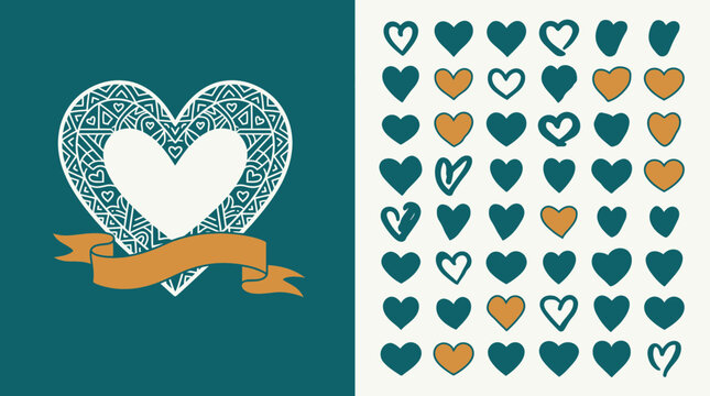 Ensemble d'ic&ocirc;nes de c&oelig;urs d&eacute;coratifs avec un grand c&oelig;ur orn&eacute; de motifs complexes et une banni&egrave;re ruban sur un fond bicolore vert et cr&egrave;me pour la Saint-Valentin