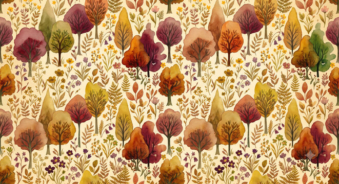 Seamless Autumn Watercolor Forest Pattern with Colorful Trees, Wildflowers and Botanical Elements, Hand Painted Fall Woodland Background