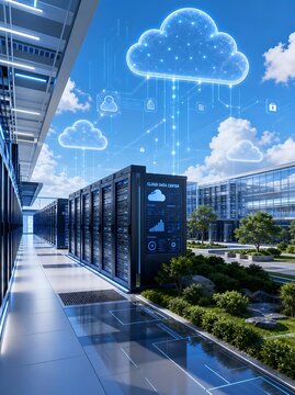 Cloud computing, data storage, server farm, futuristic technology