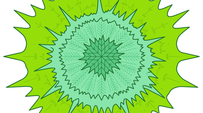 Design abstrato em forma de estrela com camadas conc&ecirc;ntricas em tons de verde vibrante e menta, apresentando um padr&atilde;o geom&eacute;trico detalhado e sim&eacute;trico isolado em um fundo branco limpo.