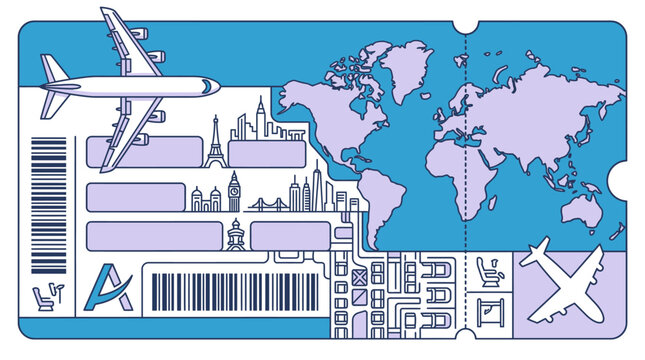 Stilisierte Flugticket-Illustration mit Weltkarte, Flugzeug-Symbolen und Skyline-Silhouetten ber&uuml;hmter St&auml;dte f&uuml;r Reisekonzepte und Tourismus-Marketing auf wei&szlig;em Hintergrund
