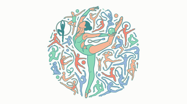 Illustration circulaire stylis&eacute;e repr&eacute;sentant une gymnaste rythmique centrale entour&eacute;e de silhouettes dynamiques pratiquant divers exercices de gymnastique avec des rubans et des ballons.