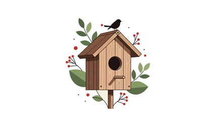 Birdhouse stands surrounded by green foliage and red berries with a small bird resting on the roof. © Sami