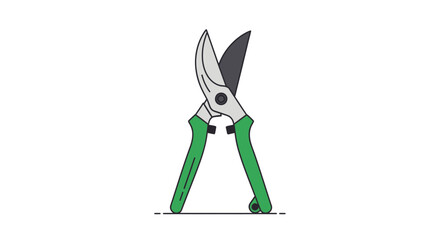 Pruning shears with green handles are positioned upright against a clean and simple background. © Sami