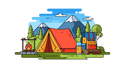 Camping tent sits before a mountain range with a campfire and hiking gear ready for an outdoor adventure. © Sami