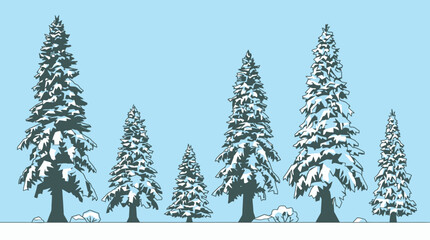 Obraz premium Eine Reihe von stilisierten Tannenbäumen mit Schnee auf den Zweigen vor einem hellblauen Hintergrund, ideal für winterliche Grafikdesigns und festliche Dekorationen.
