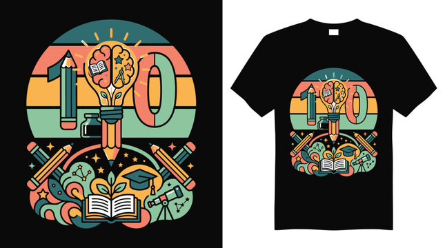 Dise&ntilde;o gr&aacute;fico retro de 100 d&iacute;as de escuela con iconos educativos como libros, l&aacute;pices, bombilla de cerebro y birrete, ideal para estampar en camisetas escolares y regalos acad&eacute;micos.