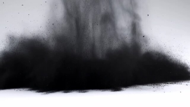 Dense black powder column striking white surface with wide billow, rising plume, drifting particles, sharp contrast, minimal studio backdrop, dramatic abstract texture