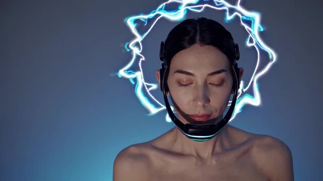 Female With Neon Headset And Halo, Eyes Closed In Meditative Pose, Futuristic Choker And Wearable Neural Interface, Cool Blue Backlight, Electric Energy Outline Forming Halo, Minimal Studio Backdrop,
