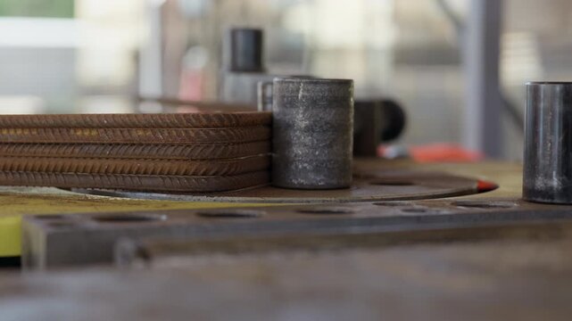 Steel rebar bending on hydraulic bending machine at construction workshop