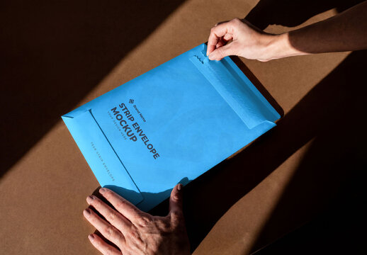 Realistic Blue Tear Strip Envelope Mockup