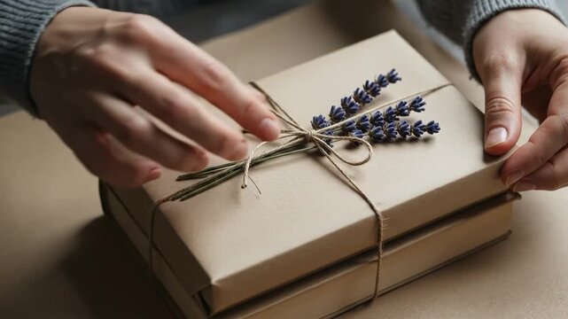 Hands holding a gift wrapped in brown paper