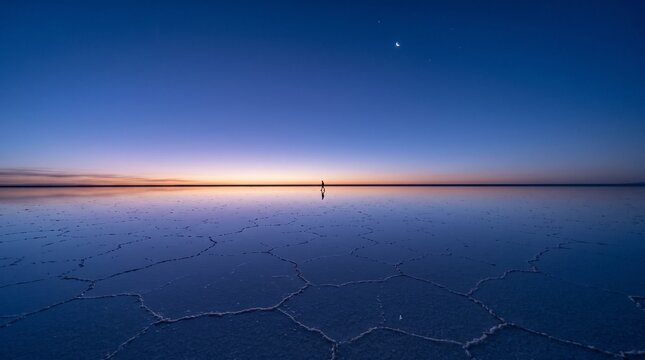 salt flat landscape sunset water person distance cracked salt surface blue orange sky peaceful scenery natural wonder evening atmosphere reflection water serene environment