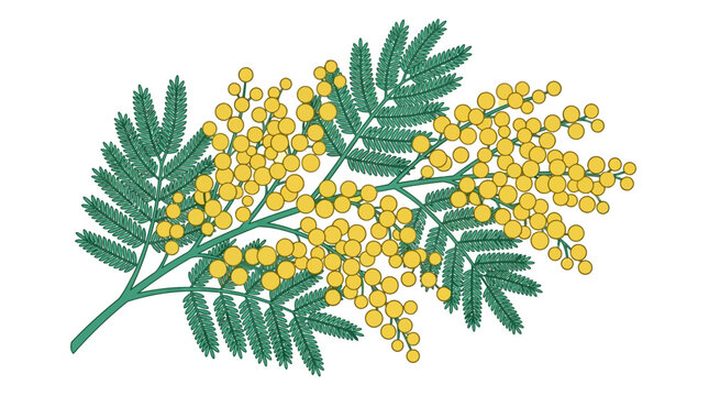 Ilustra&ccedil;&atilde;o bot&acirc;nica detalhada de um ramo de mimosa com flores amarelas vibrantes e folhas verdes delicadas isolado sobre um fundo branco para design floral e decora&ccedil;&atilde;o