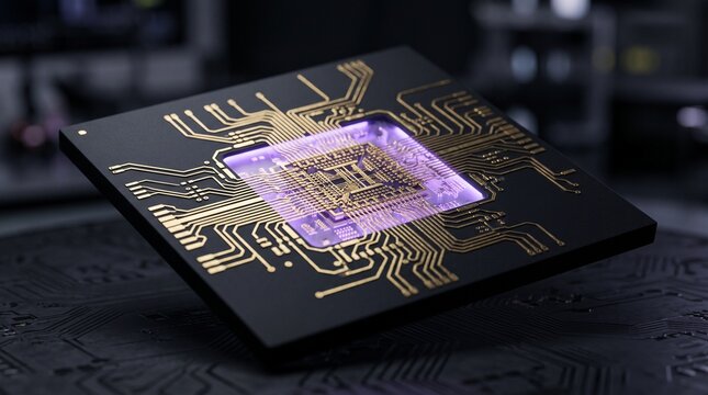 microchip circuit board semiconductor electronics microprocessor chip design golden circuits purple light technology computer hardware digital circuits silicon chip