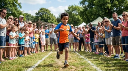 Young Boy Winning Race Crossing Finish Line at Community Sports Day Event.
