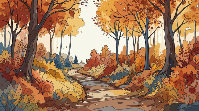 Ilustra&ccedil;&atilde;o art&iacute;stica de uma trilha sinuosa em uma floresta durante o outono com &aacute;rvores coloridas em tons de laranja, amarelo e marrom sob uma luz suave e serena.