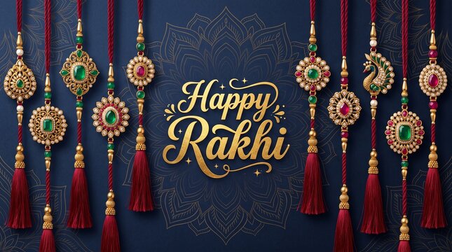Happy Rakhi banner with hanging luxury golden rakhis on dark blue background