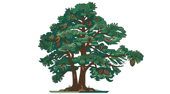 Eine detaillierte, stilisierte Illustration eines Nadelbaums mit Tannenzapfen und kleinen V&ouml;geln, die in den dichten gr&uuml;nen Zweigen sitzen, isoliert auf einem wei&szlig;en Hintergrund.