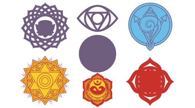 Ensemble d'ic&ocirc;nes vectorielles color&eacute;es repr&eacute;sentant les sept chakras traditionnels avec des symboles g&eacute;om&eacute;triques sacr&eacute;s pour la m&eacute;ditation, le yoga et la gu&eacute;rison &eacute;nerg&eacute;tique spirituelle.