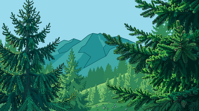 Ilustraci&oacute;n digital de un paisaje monta&ntilde;oso con densos bosques de pinos y abetos bajo un cielo despejado, capturando la serenidad de la naturaleza en un estilo art&iacute;stico y vibrante.