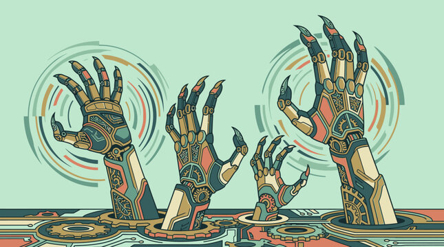 Eine stilisierte Illustration von mechanischen Roboterh&auml;nden, die aus einer komplexen, zahnradbasierten Maschinenoberfl&auml;che mit kreisf&ouml;rmigen Energieeffekten im Hintergrund hervorragen.