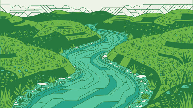 Ilustra&ccedil;&atilde;o vetorial de uma paisagem natural serena com um rio sinuoso fluindo atrav&eacute;s de colinas verdes e campos agr&iacute;colas em um estilo gr&aacute;fico plano e minimalista.