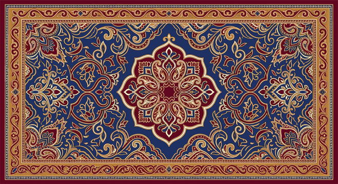 Luxurious Persian carpet vector illustration with blue background, elegant floral arabesque medallions, antique middle eastern rug patterns, and borders