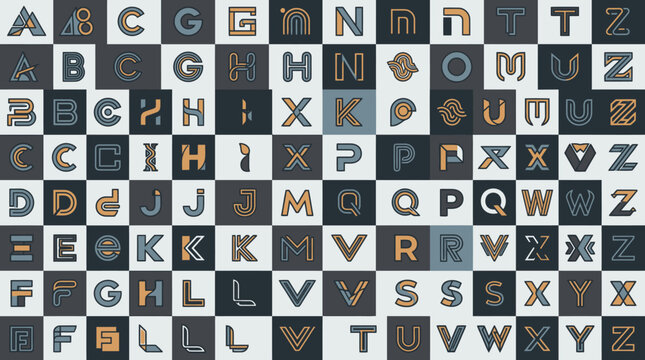 Cole&ccedil;&atilde;o de letras do alfabeto com estilos tipogr&aacute;ficos variados dispostas em um padr&atilde;o de grade quadriculada com tons de azul, cinza e bege para design gr&aacute;fico.
