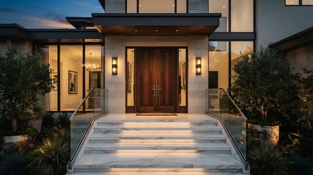 Luxury modern house entrance with marble steps and glass doors