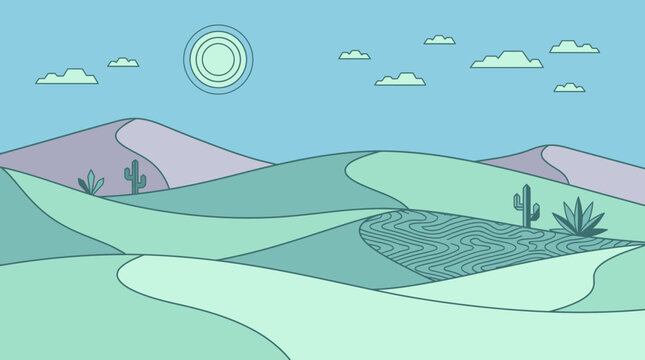 Ilustra&ccedil;&atilde;o vetorial plana de uma paisagem des&eacute;rtica com dunas, cactos, sol e nuvens em tons past&eacute;is suaves, ideal para fundos modernos e designs criativos.