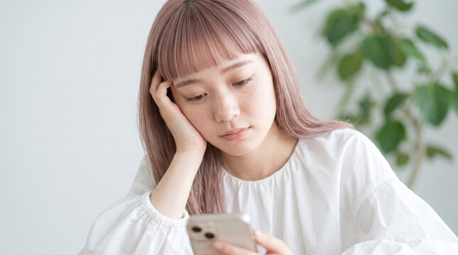 少し憂鬱な表情でスマホを見つめる若い女性
