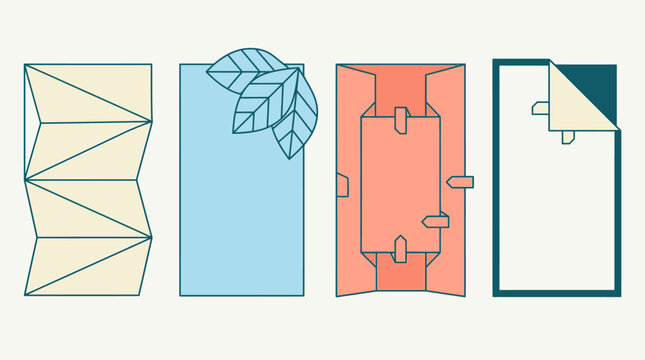 Conjunto de &iacute;cones vetoriais planos representando diferentes estilos de dobras de papel, incluindo sanfona, folha decorativa, envelope e canto dobrado, isolados em um fundo claro.