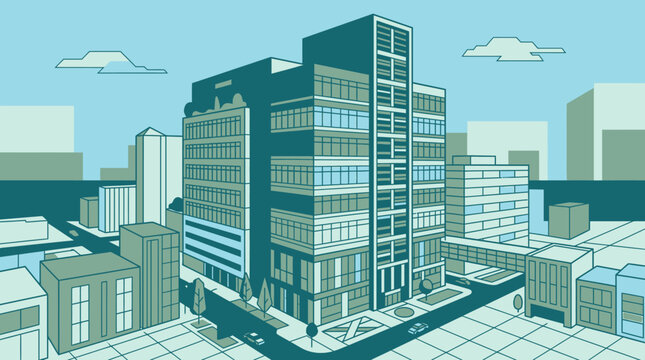 Ilustraci&oacute;n vectorial de un paisaje urbano moderno con edificios de oficinas, calles y una perspectiva isom&eacute;trica en tonos azules, ideal para conceptos de arquitectura y desarrollo urbano.