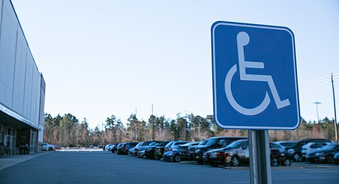 Blue handicap parking sign dominates foreground; cars fill lot near building