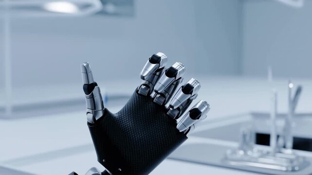 Articulated robotic prosthetic hand with subtle finger lift and curl above clinical sink under cool soft light, showing chrome-like segments, hinge gaps, and modern medical design