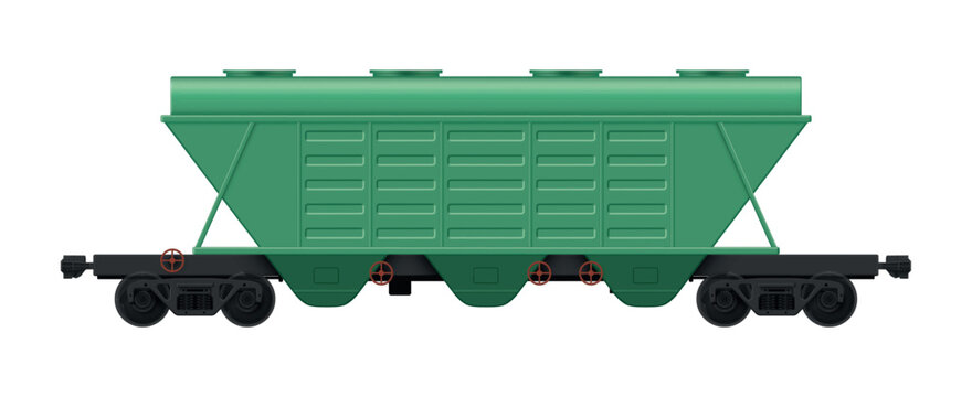 Green covered hopper car on a white background used for transporting dry bulk materials in various industries