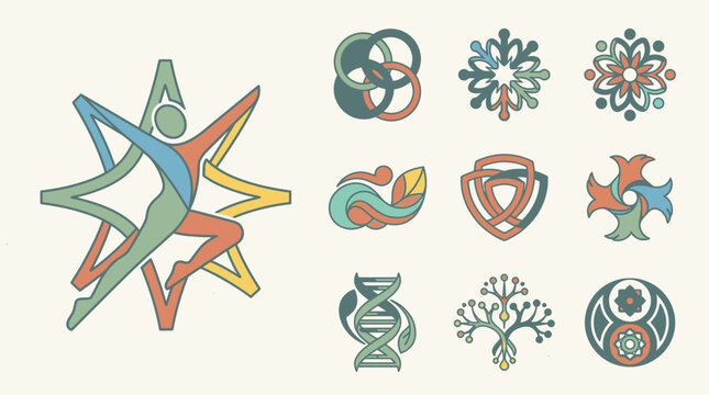 Conjunto de logotipos vetoriais abstratos com formas geom&eacute;tricas, silhueta humana, elementos florais, s&iacute;mbolos de DNA e &iacute;cones decorativos em estilo minimalista e cores suaves.