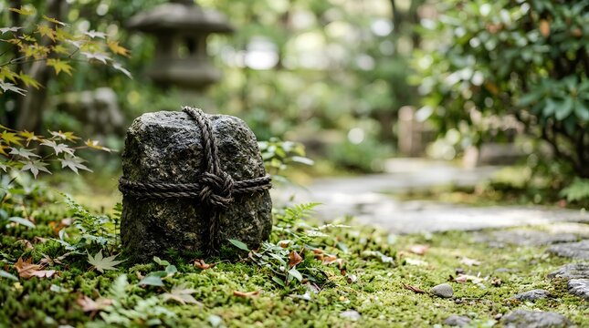 日本庭園の静寂、苔むした石の上に結ばれた関守石