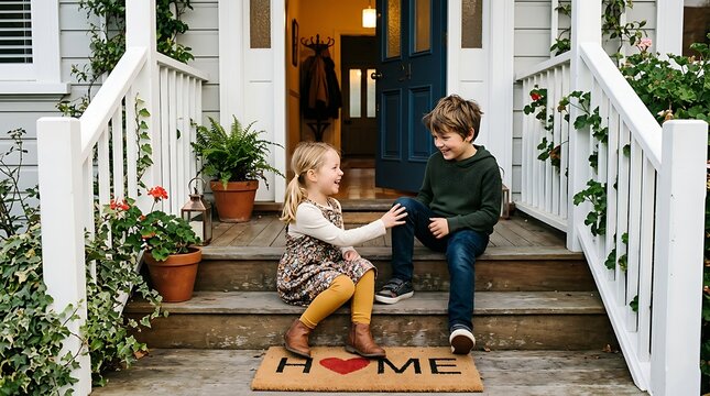 Two happy children sitting on front porch steps of a house
