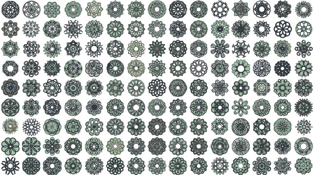 Cole&ccedil;&atilde;o abrangente de mandalas geom&eacute;tricas e padr&otilde;es circulares ornamentados em tons de cinza escuro, organizados em uma grade organizada sobre um fundo branco limpo para design gr&aacute;fico.