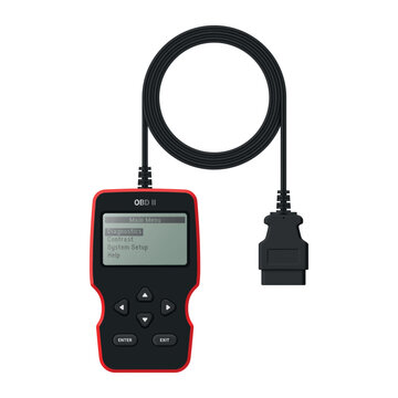 OBD scanner with display and cable ready for car diagnostic tasks in an automotive setting