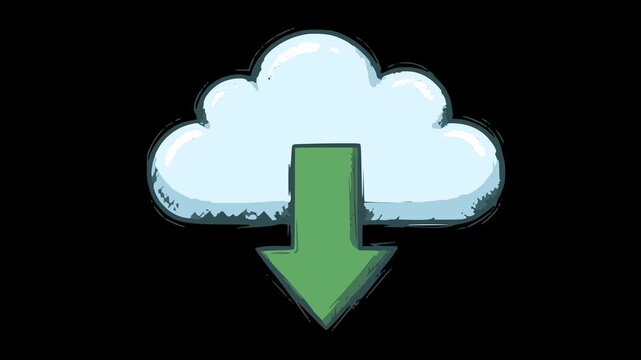 hand drawn cloud computing download icon loop animation with green arrow. Features organic line boil effect and transparent alpha channel for easy video overlay integration. Ideal for modern tech