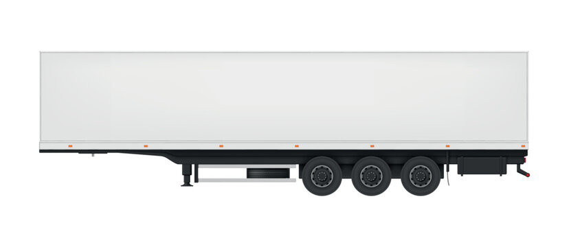 White semi-trailer, side view, on an isolated background, for use in the transport and logistics industry for the transportation of various goods