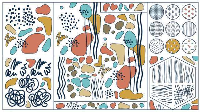 Conjunto de elementos gr&aacute;ficos abstractos con formas org&aacute;nicas, patrones geom&eacute;tricos, l&iacute;neas onduladas y texturas dibujadas a mano en una paleta de colores tierra, azul y terracota.