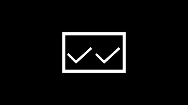 White double check mark icon inside rectangle animation on black background