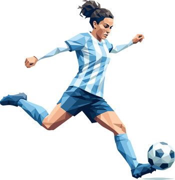 Low Poly Female Soccer Player Kicking Football Dynamic Sports Vector Illustration