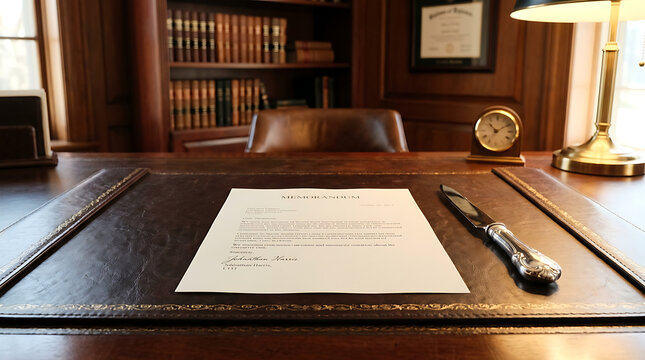 Formal Business Desk with Document and Letter Opener in Classic Office Library Setting