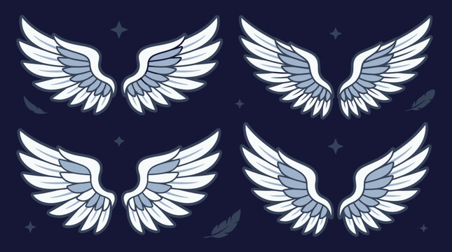 Conjunto de ilustraciones vectoriales de alas de &aacute;ngel estilizadas con plumas detalladas sobre un fondo azul oscuro con estrellas y elementos decorativos para dise&ntilde;o gr&aacute;fico